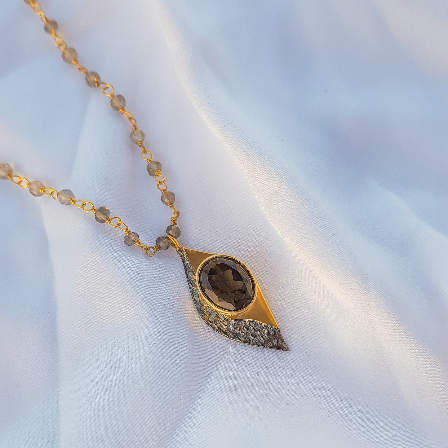 Smoky Quartz beaded necklace in two tone black rhodium and 22k gold plated 925 sterling silver