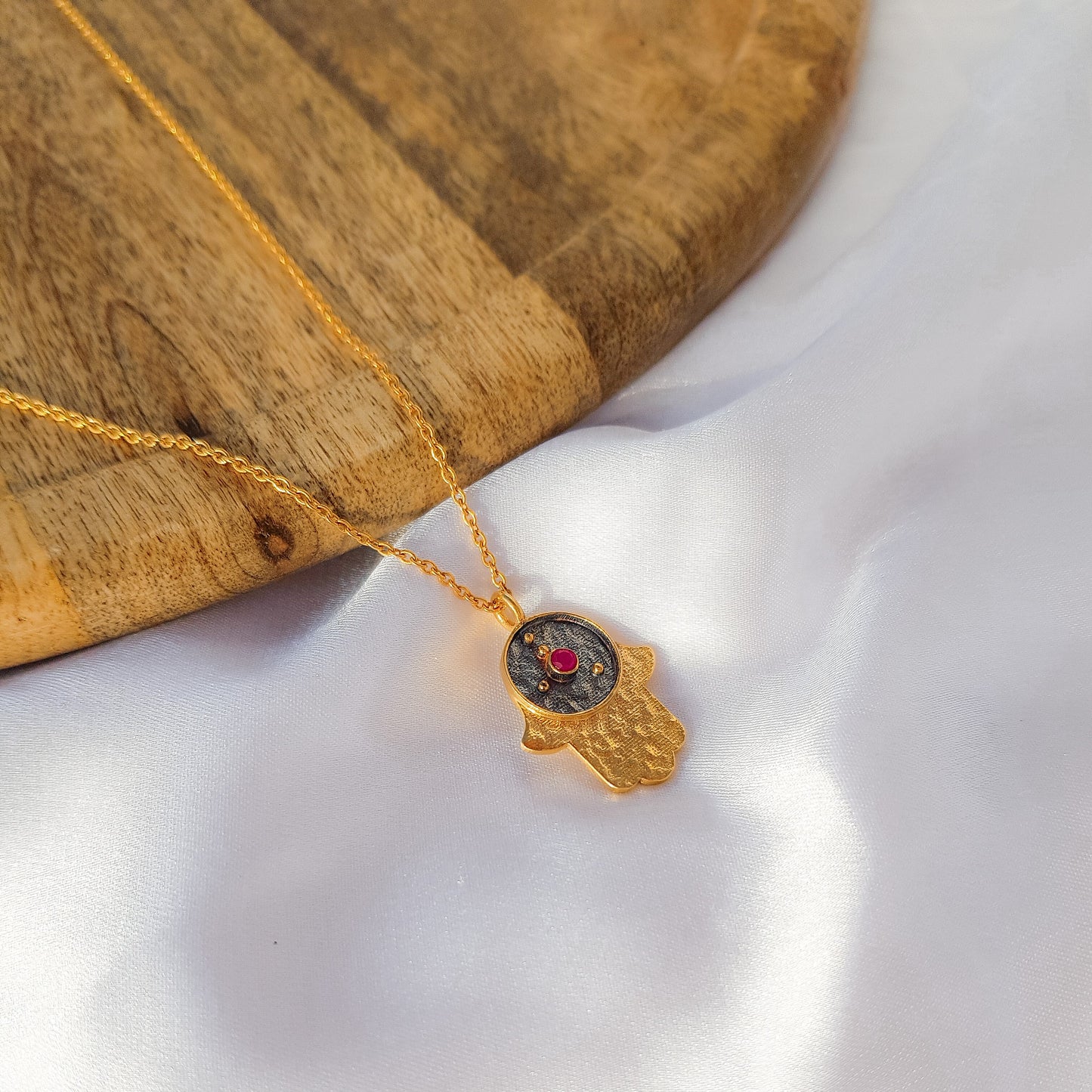 Cancer Zodiac Constellation chain necklace with Hamsa Charm and ruby birthstone in two tone black rhodium and 22k gold plated 925 sterling silver