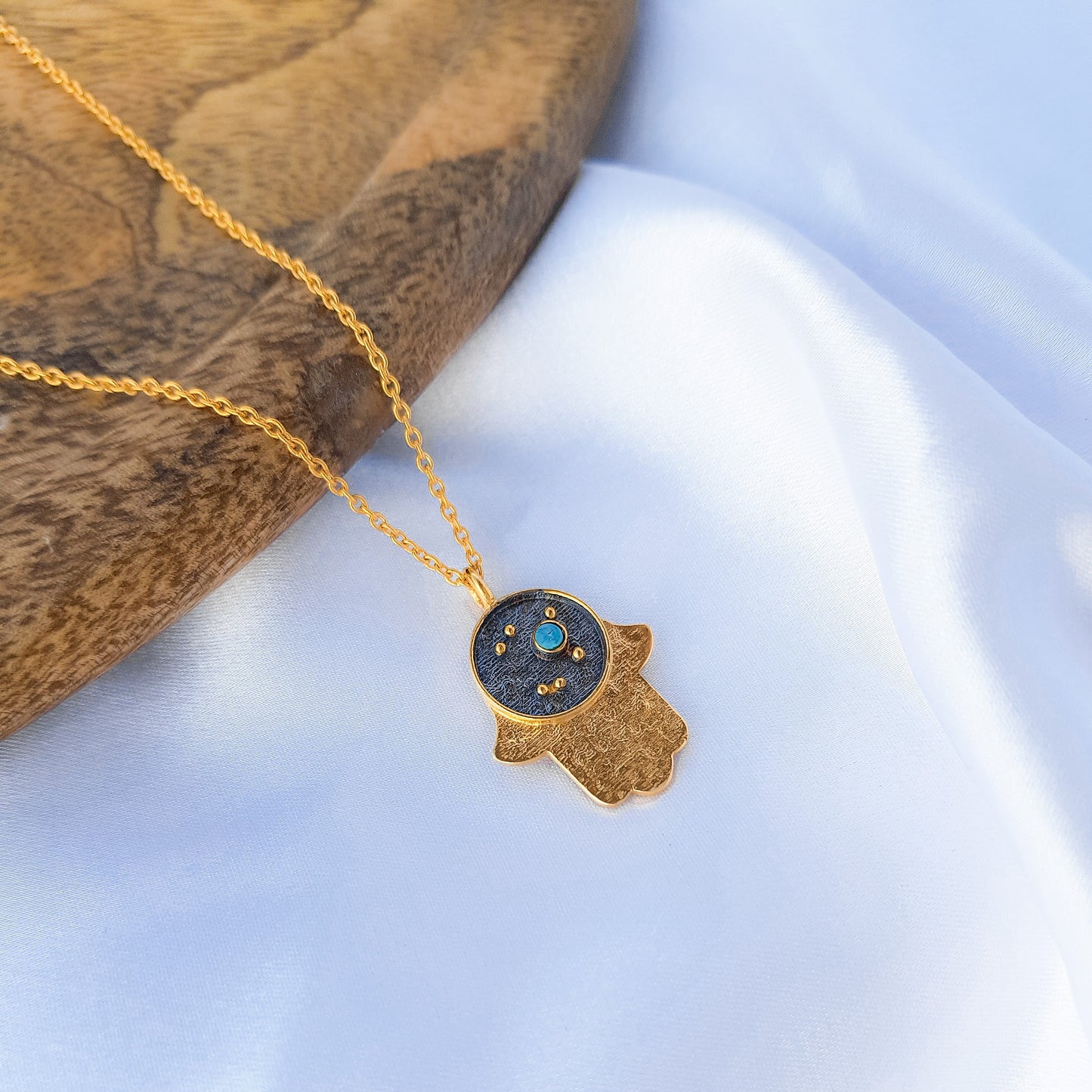 Sagittarius Zodiac Constellation chain necklace with Hamsa Charm and Turquoise birthstone in two tone black rhodium and 22k gold plated 925 sterling silver