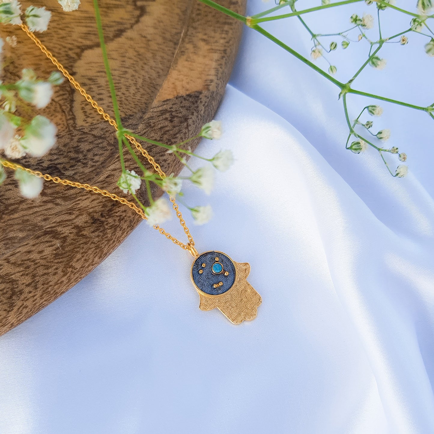 Sagittarius Zodiac Constellation chain necklace with Hamsa Charm and Turquoise birthstone in two tone black rhodium and 22k gold plated 925 sterling silver