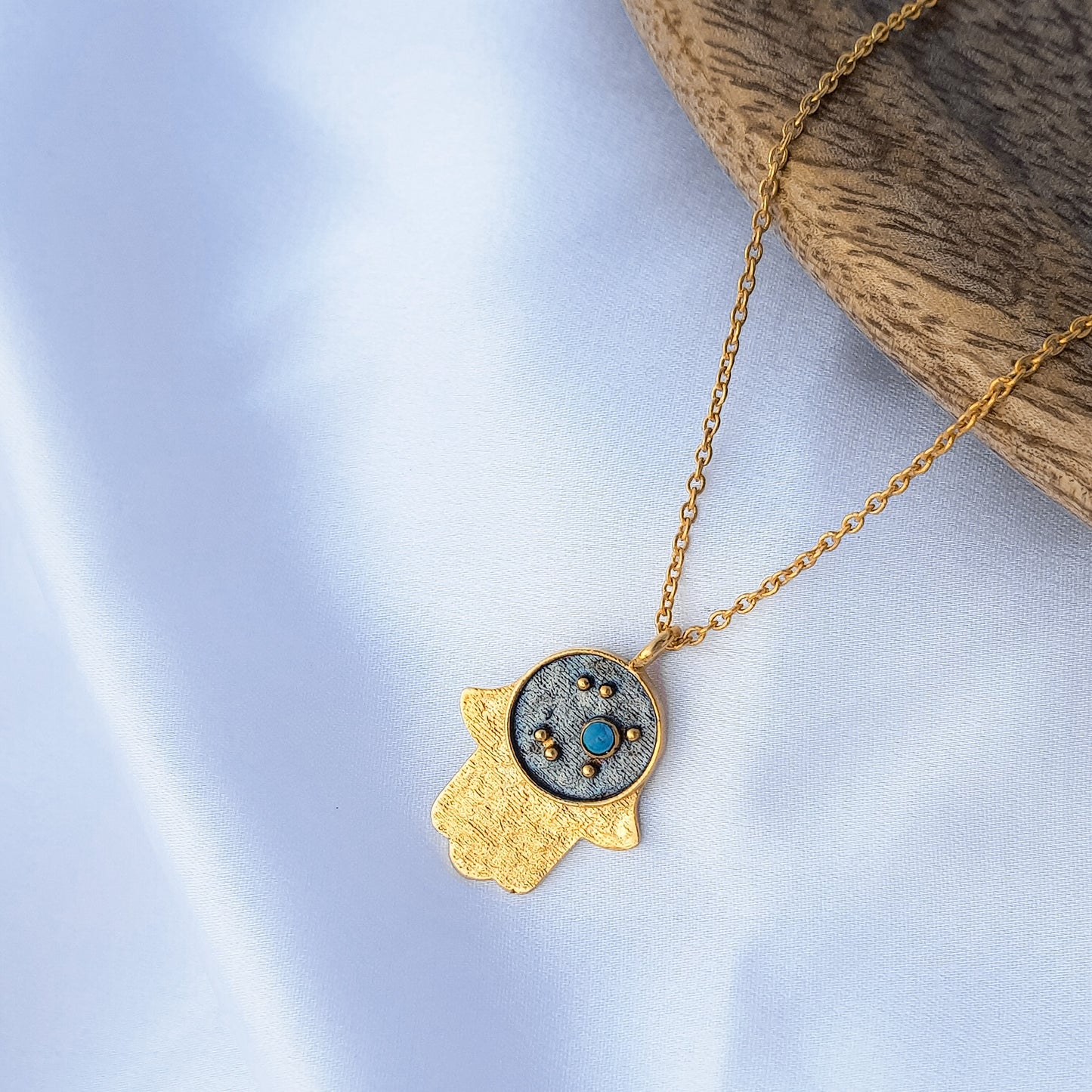 Sagittarius Zodiac Constellation chain necklace with Hamsa Charm and Turquoise birthstone in two tone black rhodium and 22k gold plated 925 sterling silver