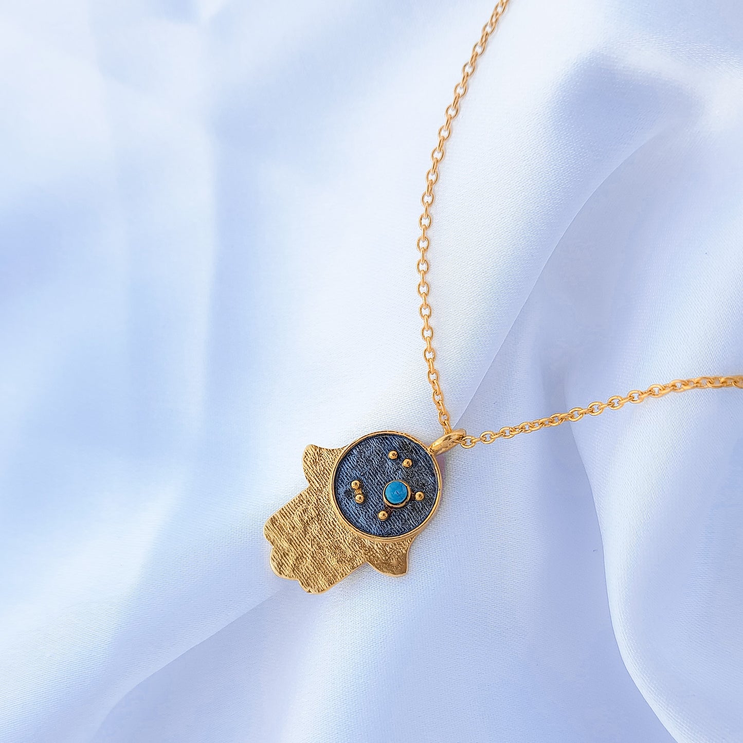 Sagittarius Zodiac Constellation chain necklace with Hamsa Charm and Turquoise birthstone in two tone black rhodium and 22k gold plated 925 sterling silver