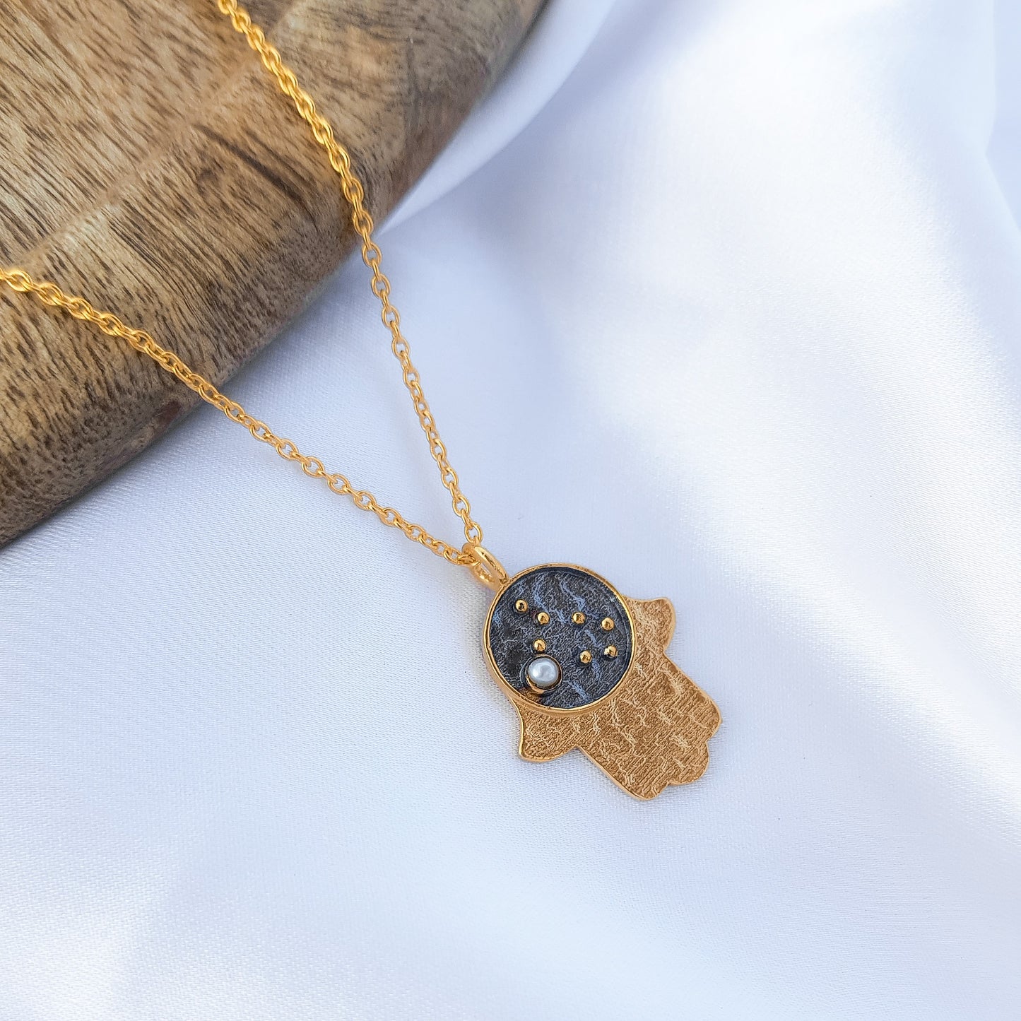 Gemini Zodiac Constellation chain necklace with Hamsa Charm and Pearl birthstone in two tone black rhodium and 22k gold plated 925 sterling silver