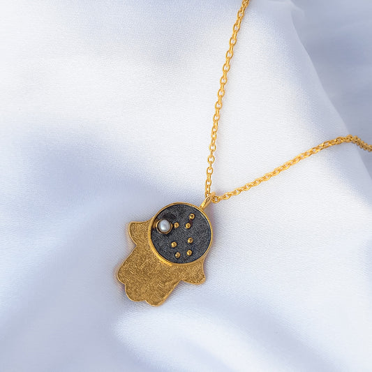 Gemini Zodiac Constellation chain necklace with Hamsa Charm and Pearl birthstone in two tone black rhodium and 22k gold plated 925 sterling silver