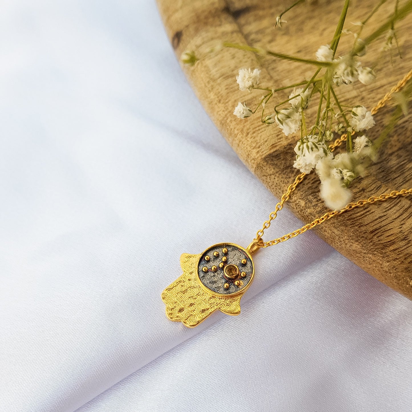 Scorpio Zodiac Constellation chain necklace with Hamsa Charm and Citrine birthstone in two tone black rhodium and 22k gold plated 925 sterling silver