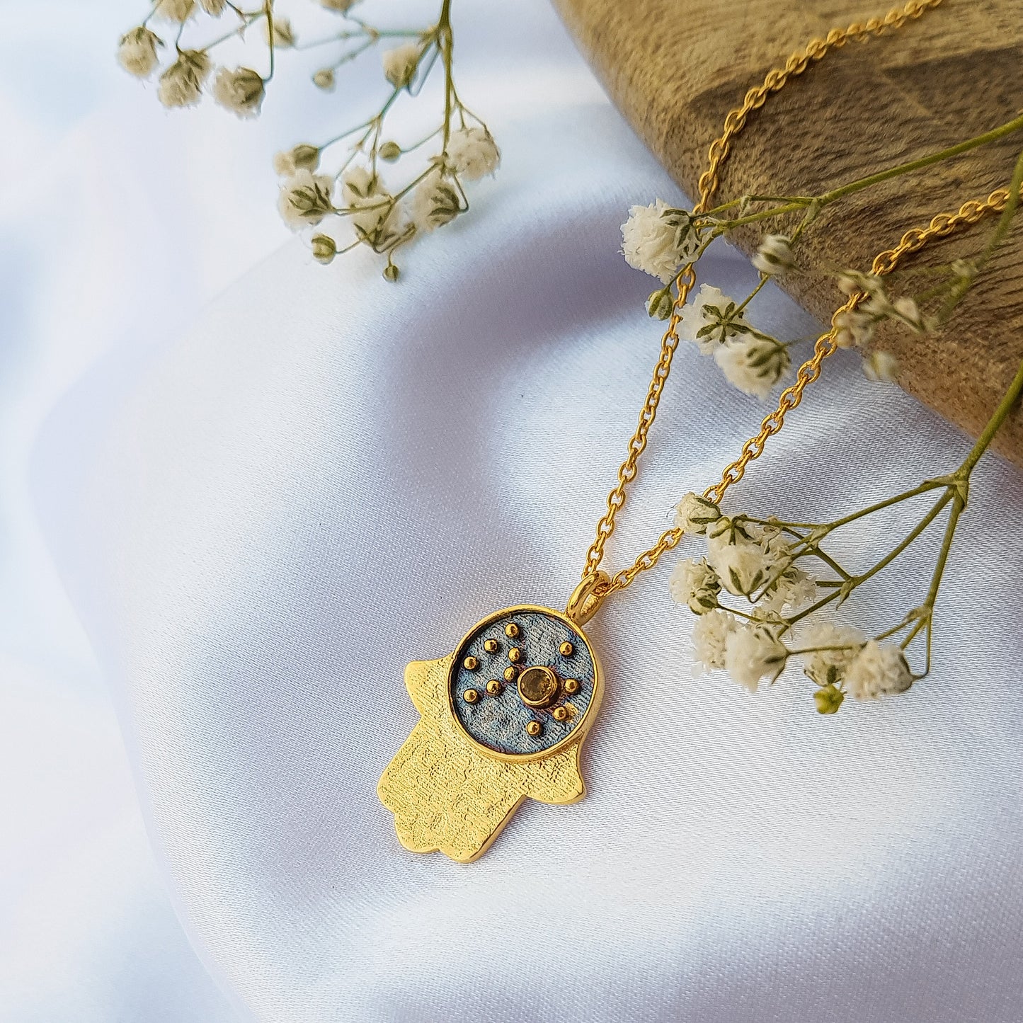 Scorpio Zodiac Constellation chain necklace with Hamsa Charm and Citrine birthstone in two tone black rhodium and 22k gold plated 925 sterling silver