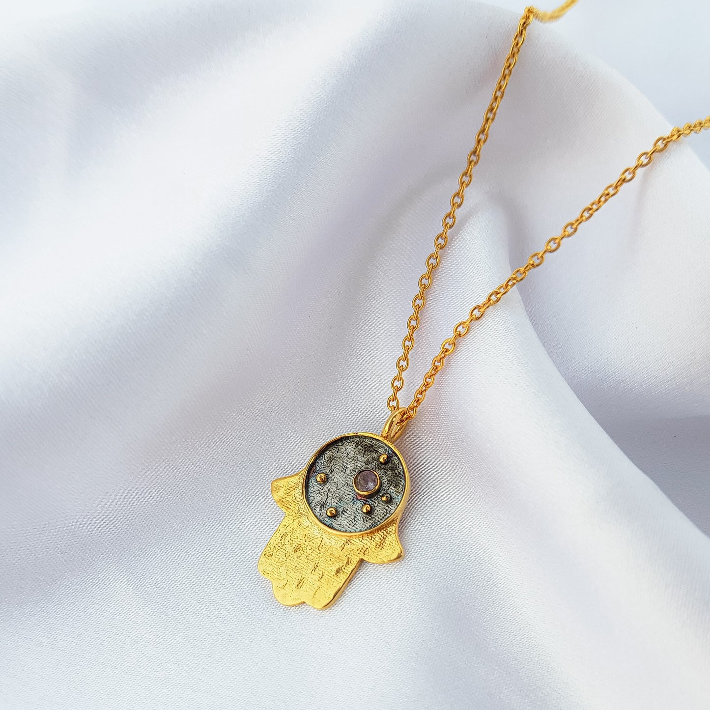 Aquarius Zodiac Constellation chain necklace with Hamsa Charm and Amethyst birthstone in two tone black rhodium and 22k gold plated 925 sterling silver