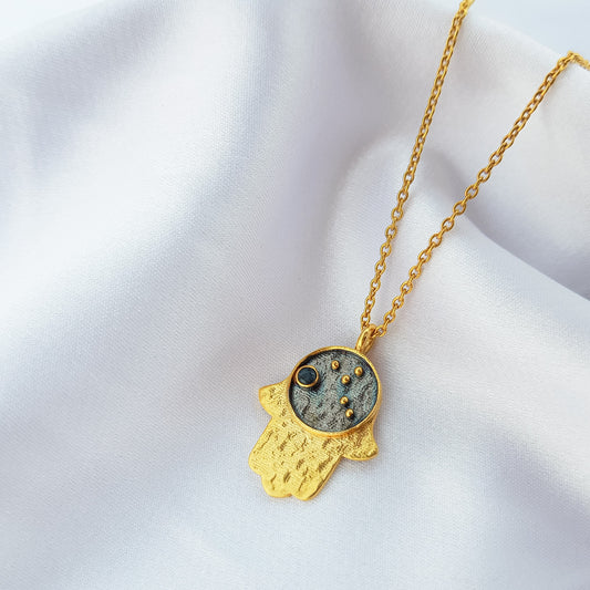 Virgo Zodiac Constellation chain necklace with Hamsa Charm and Blue Sapphire birthstone in two tone black rhodium and 22k gold plated 925 sterling silver