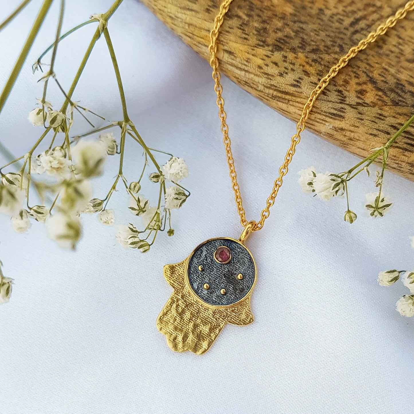 Libra Zodiac Constellation chain necklace with Hamsa Charm and Pink Tourmaline birthstone in two tone black rhodium and 22k gold plated 925 sterling silver