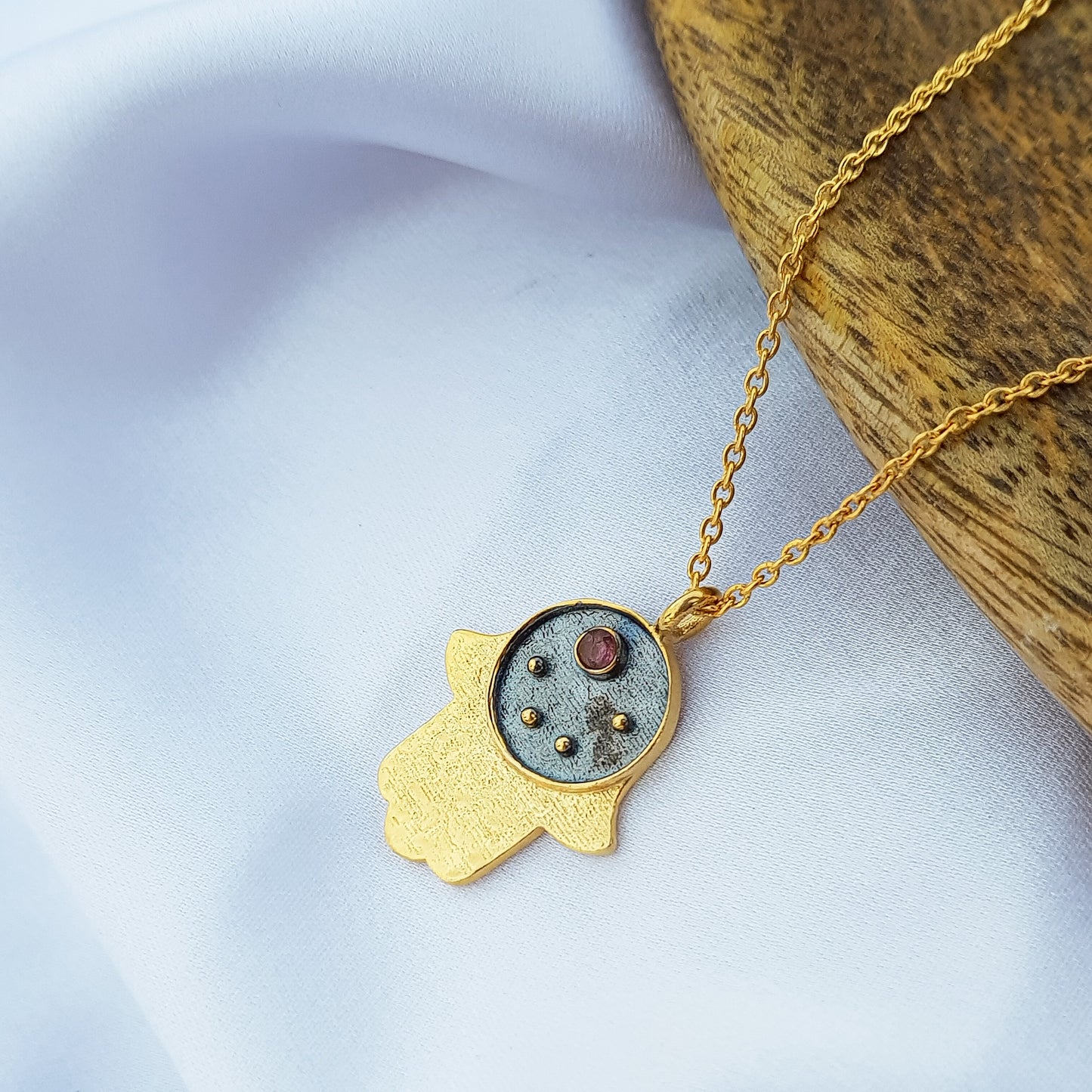 Libra Zodiac Constellation chain necklace with Hamsa Charm and Pink Tourmaline birthstone in two tone black rhodium and 22k gold plated 925 sterling silver