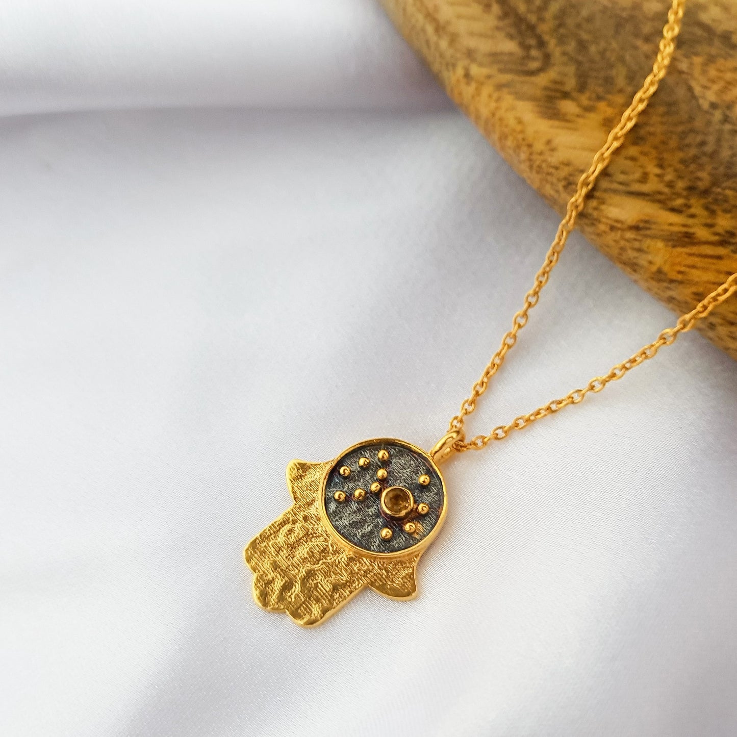 Scorpio Zodiac Constellation chain necklace with Hamsa Charm and Citrine birthstone in two tone black rhodium and 22k gold plated 925 sterling silver