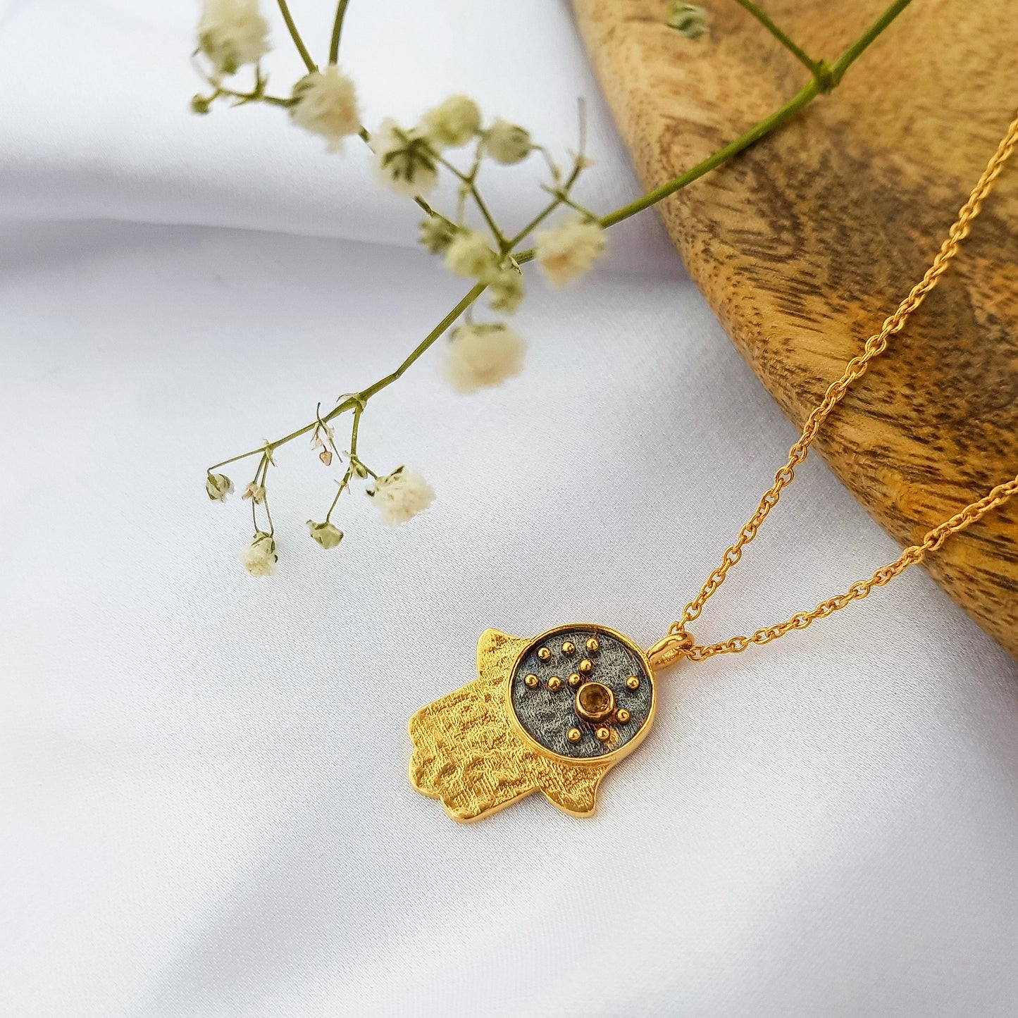 Scorpio Zodiac Constellation chain necklace with Hamsa Charm and Citrine birthstone in two tone black rhodium and 22k gold plated 925 sterling silver