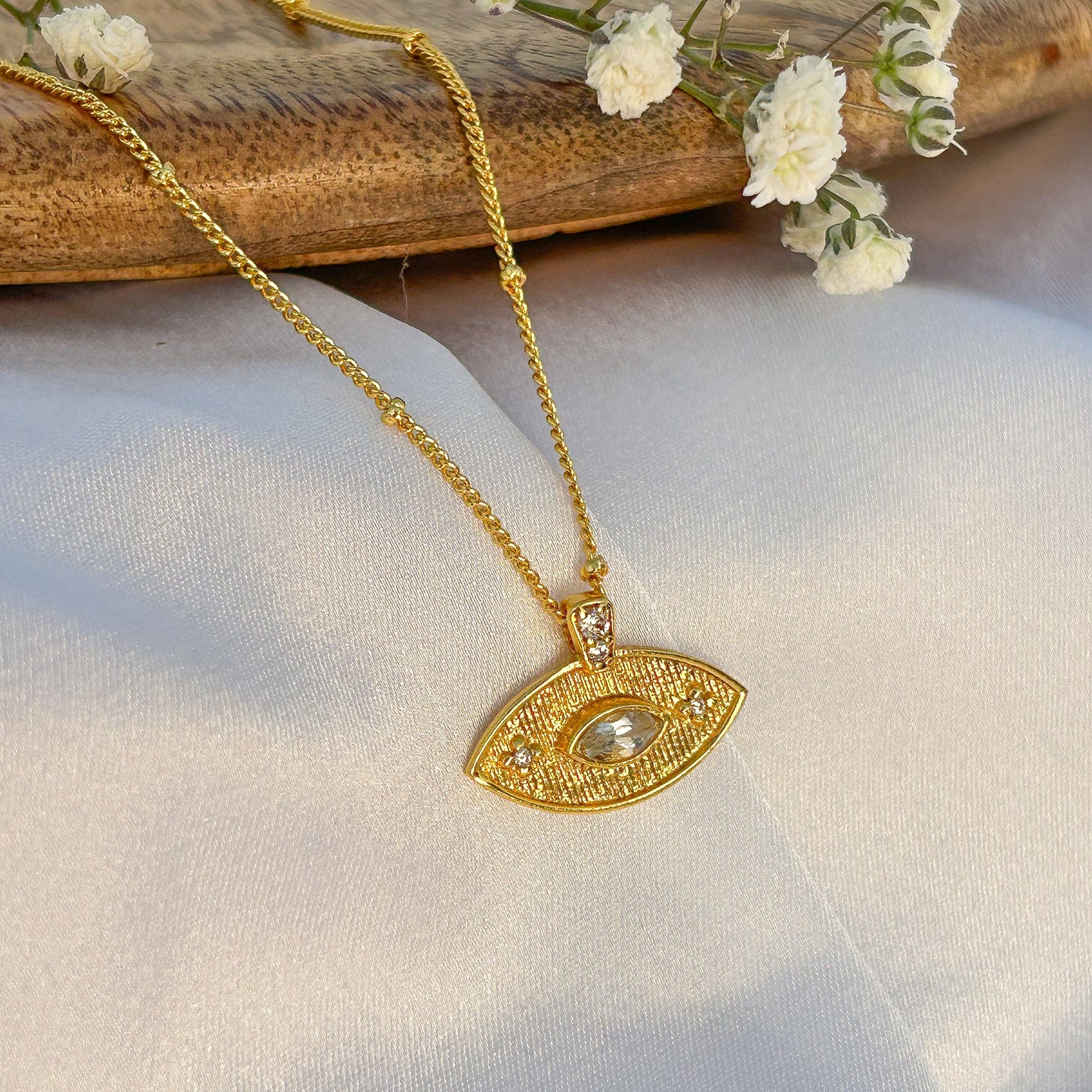 Evil Eye ball chain necklace with Amethyst, Iolite, Peridot, Ruby, Black Onyx, Blue Topaz and zircon gemstones in gold plated Brass
