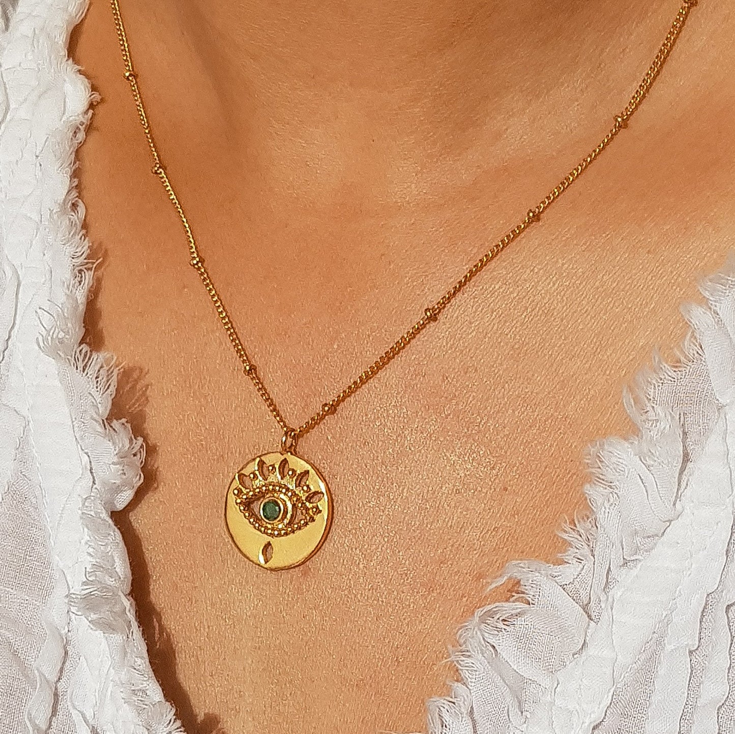 Evil Eye ball chain necklace with pearl, emerald, zircon and amethyst in 22k gold plated 925 sterling silver