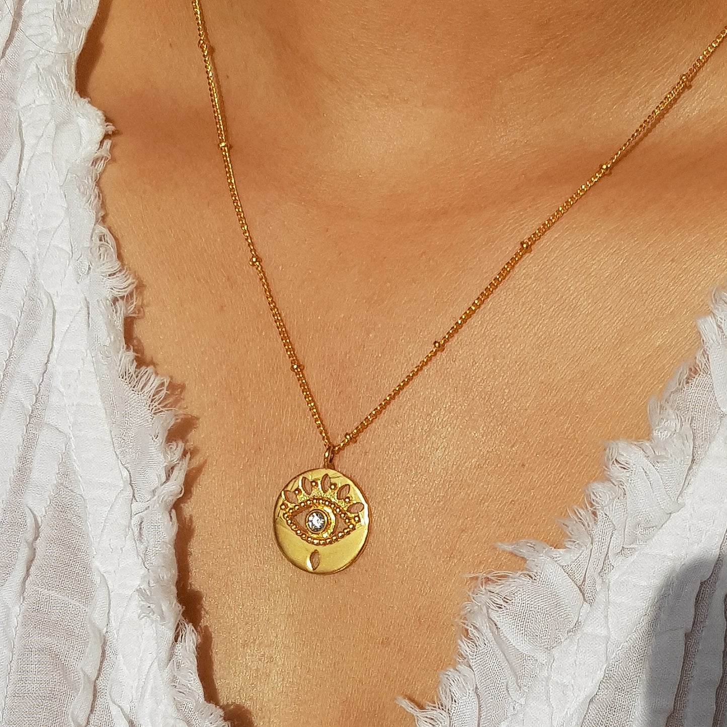 Evil Eye ball chain necklace with pearl, emerald, zircon and amethyst in 22k gold plated 925 sterling silver