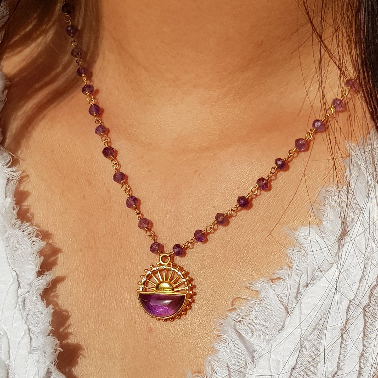 Amethyst beaded necklace with sun charm in 22k gold plated 925 sterling silver and zircon stones
