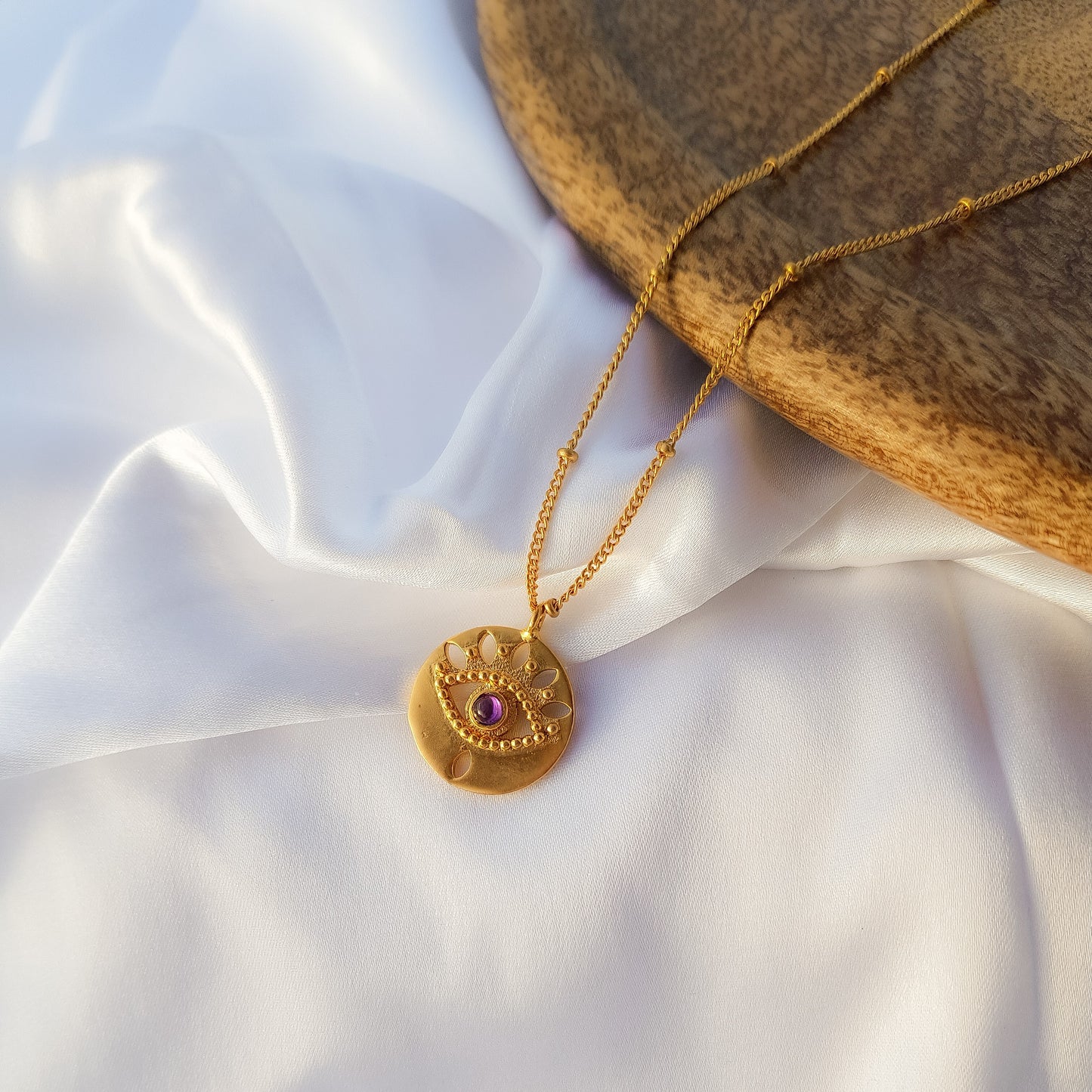 Evil Eye ball chain necklace with pearl, emerald, zircon and amethyst in 22k gold plated 925 sterling silver