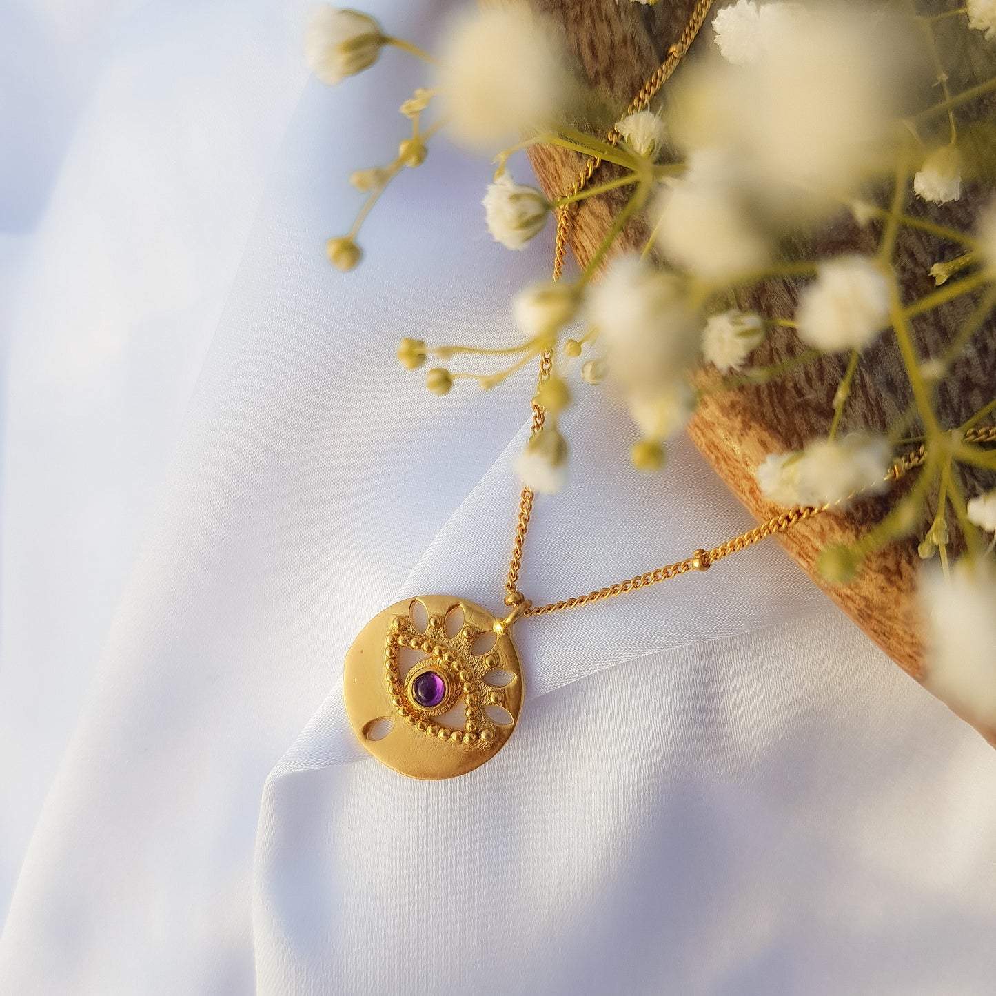 Evil Eye ball chain necklace with pearl, emerald, zircon and amethyst in 22k gold plated 925 sterling silver