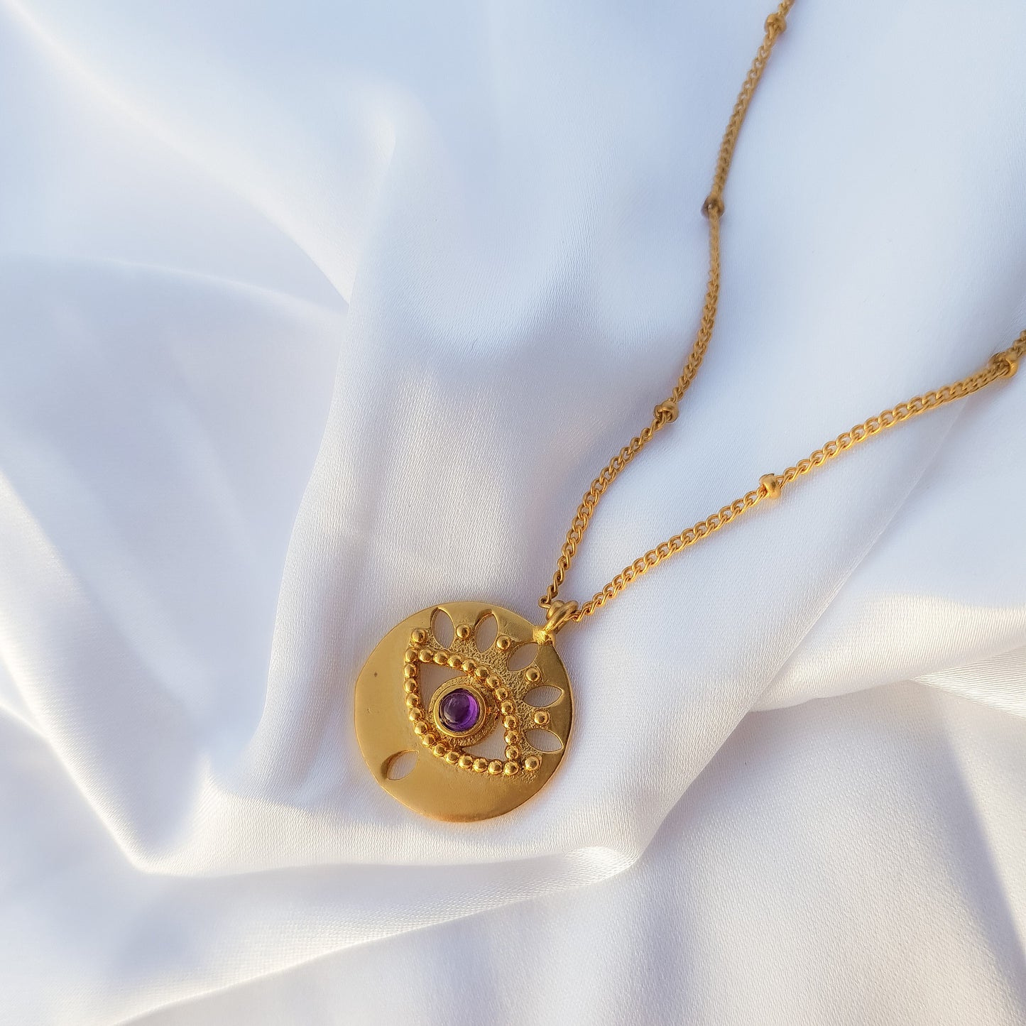 Evil Eye ball chain necklace with pearl, emerald, zircon and amethyst in 22k gold plated 925 sterling silver