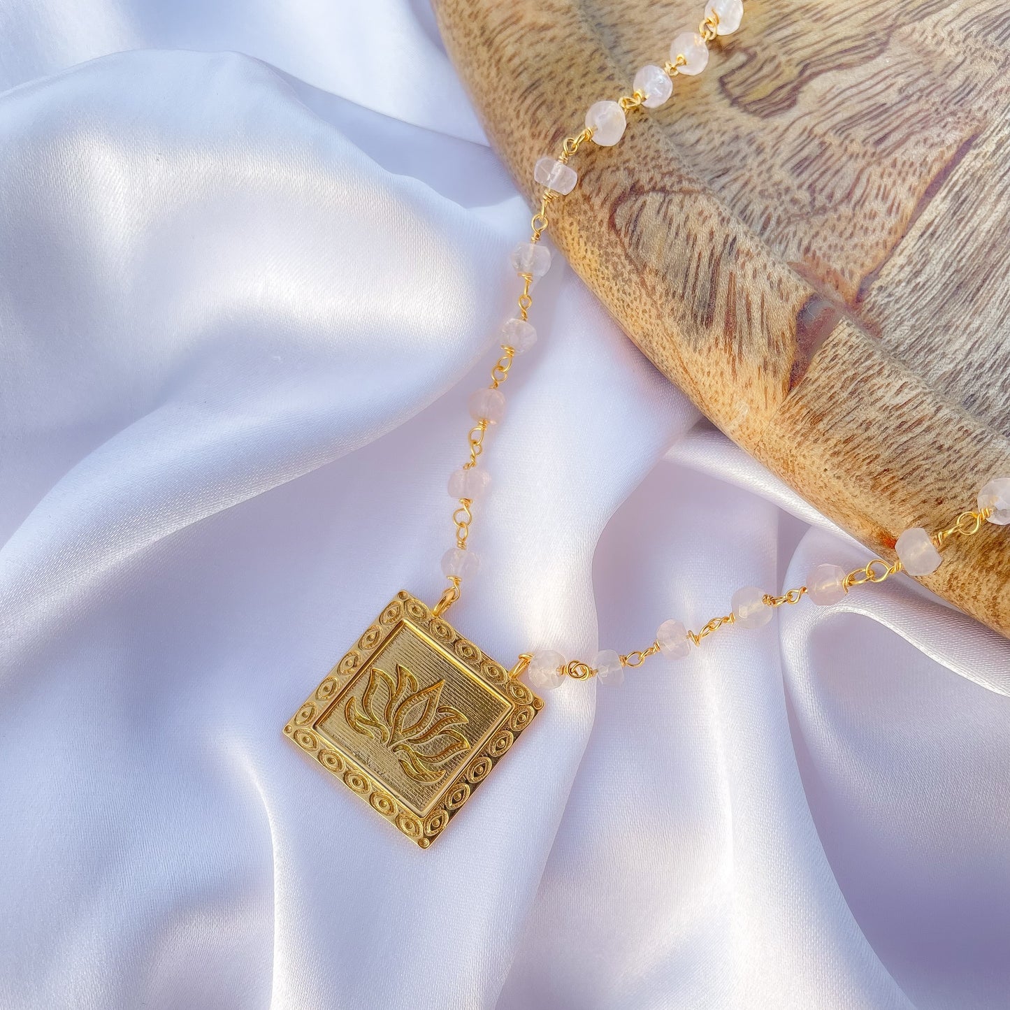 Clear Quartz beaded necklace with Lotus charm in 22k gold plated 925 sterling silver