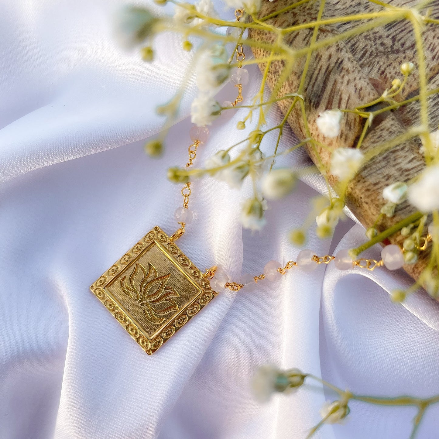 Clear Quartz beaded necklace with Lotus charm in 22k gold plated 925 sterling silver