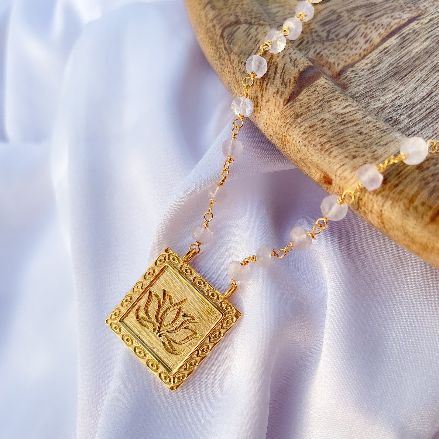 Clear Quartz beaded necklace with Lotus charm in 22k gold plated 925 sterling silver