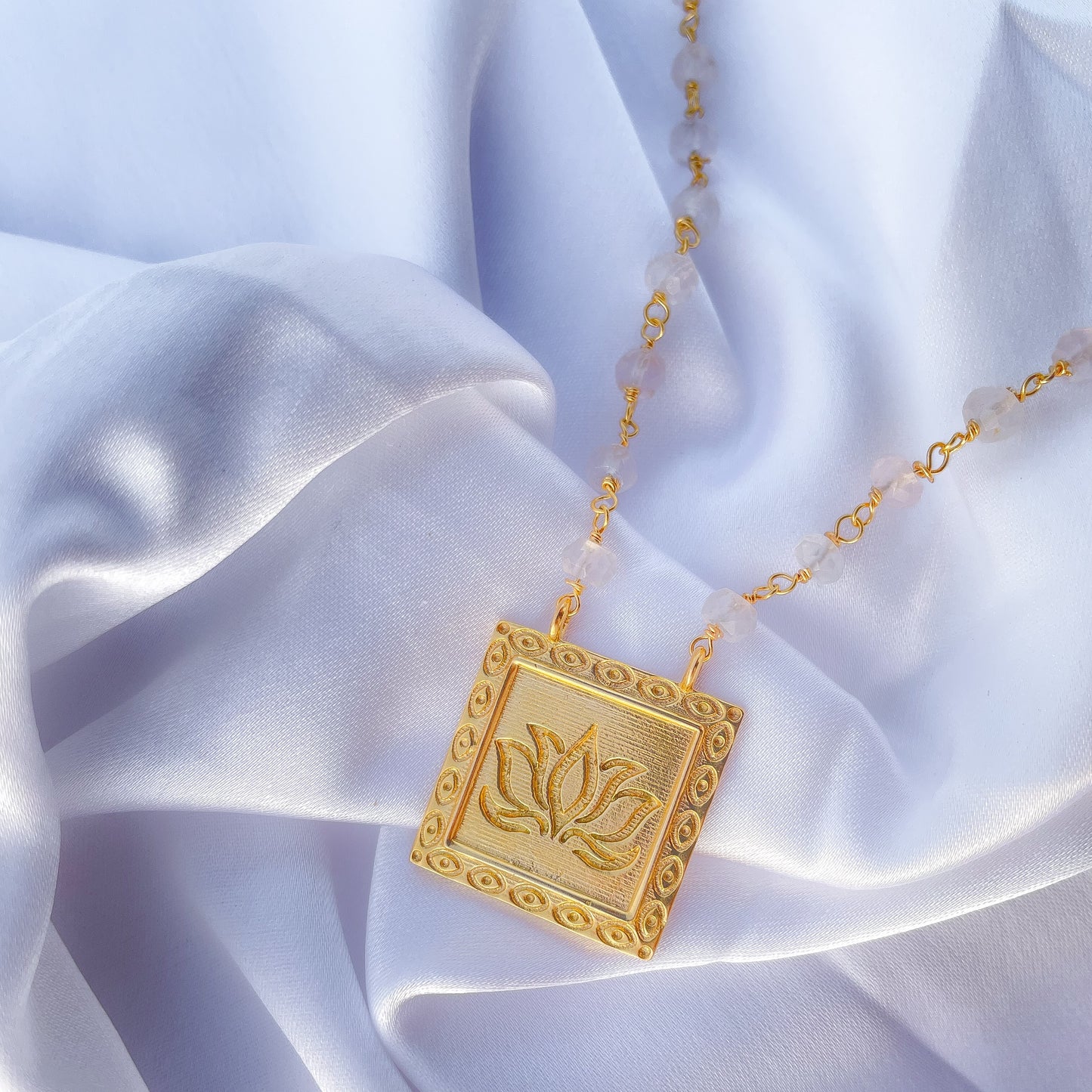 Clear Quartz beaded necklace with Lotus charm in 22k gold plated 925 sterling silver
