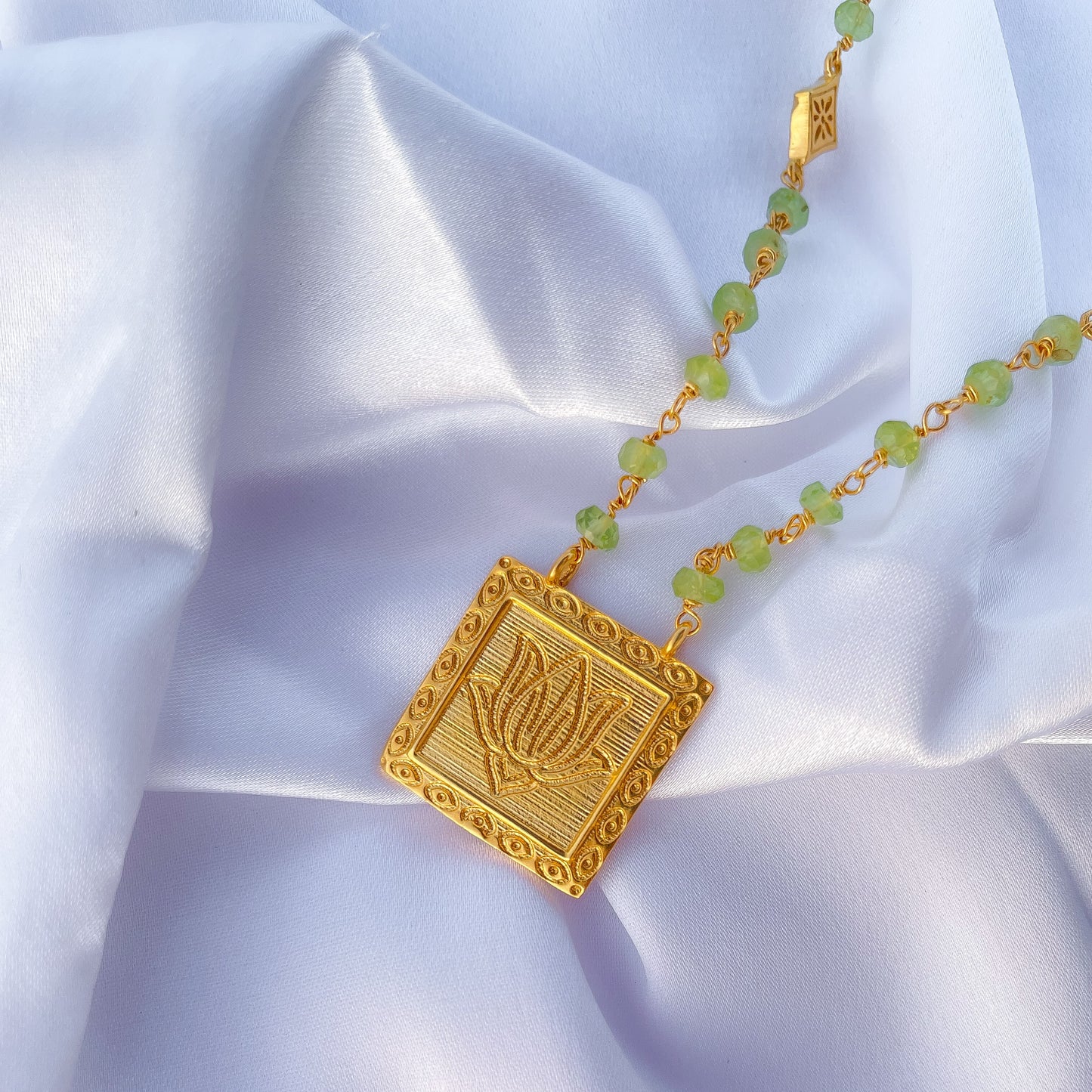 Peridot beaded necklace with Lotus charm in 22k gold plated 925 sterling silver
