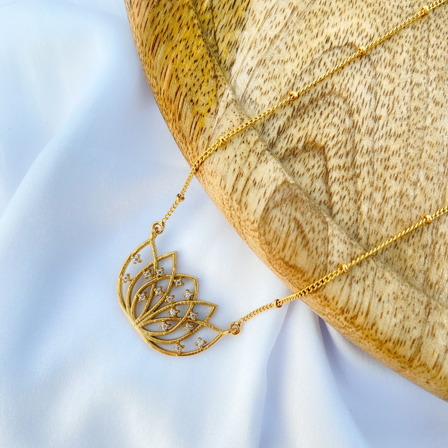Lotus charm ball chain necklace with Zircon stones in 22k gold plated 925 sterling silver
