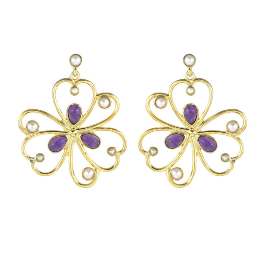 Amethyst and Pearl Flower Gold Plated Brass Earrings, Multi gemstone filigree earrings