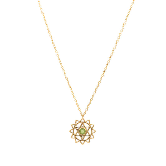 Anahata Heart Chakra Charm necklace with peridot gemstone in 22k gold plated 925 sterling silver