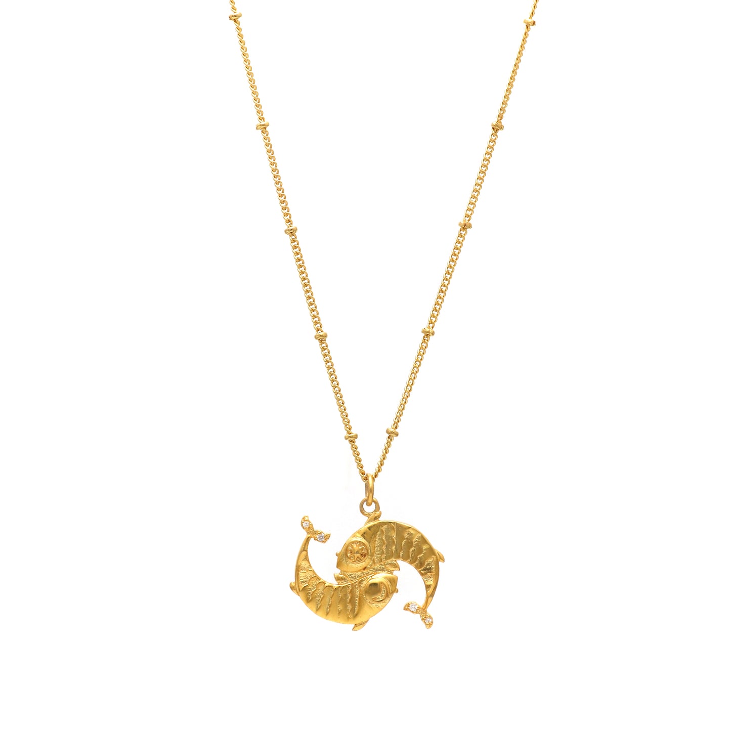 Pisces Zodiac Sign chain necklace with Two Fish Symbol charm and Zircon Stones in 22k gold plated 925 sterling silver