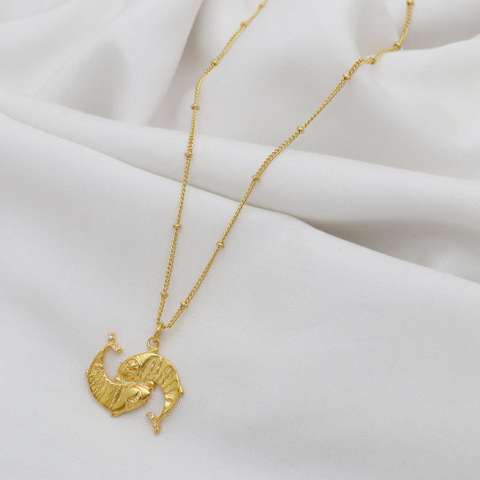 Pisces Zodiac Sign chain necklace with Two Fish Symbol charm and Zircon Stones in 22k gold plated 925 sterling silver