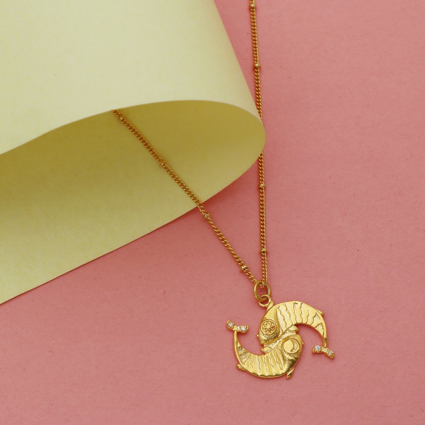 Pisces Zodiac Sign chain necklace with Two Fish Symbol charm and Zircon Stones in 22k gold plated 925 sterling silver