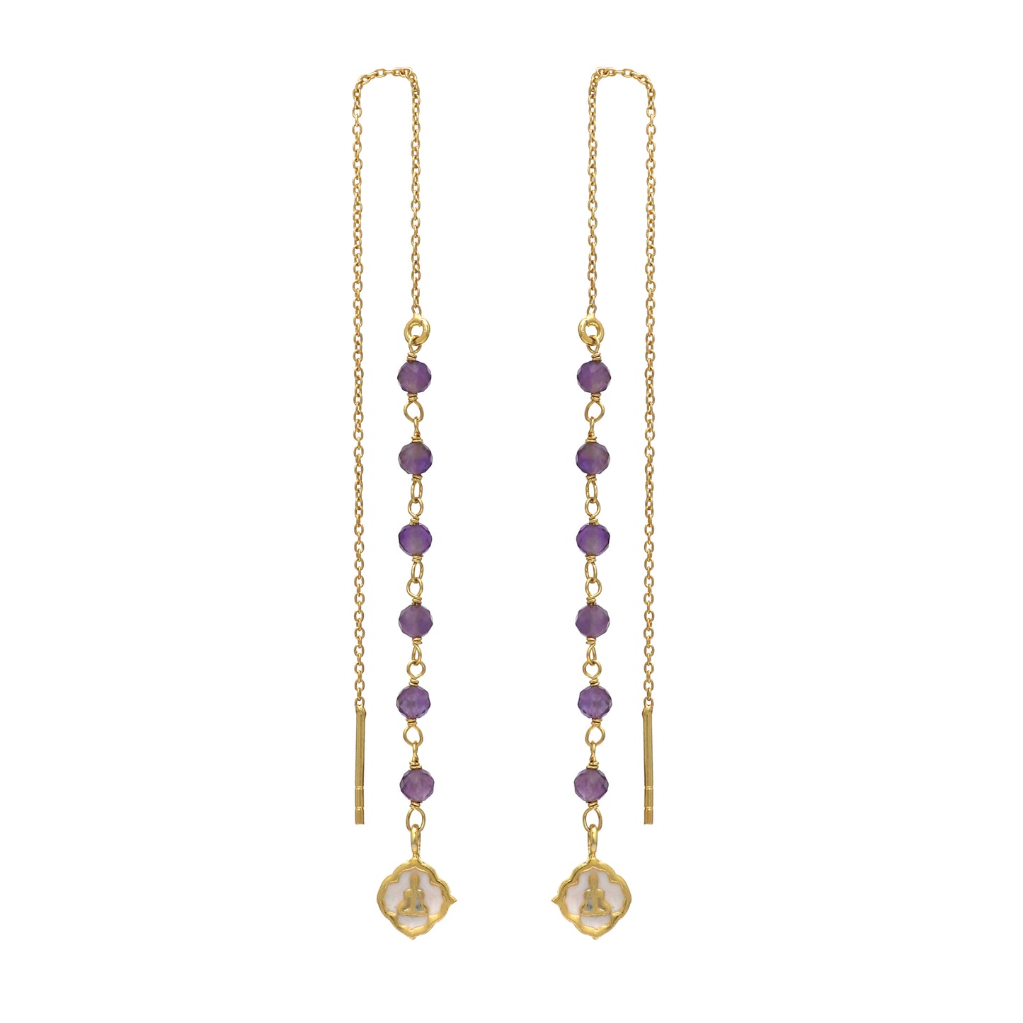 Amethyst and Buddha threader earrings in gold plated 925 sterling silver
