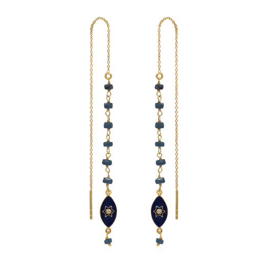 Blue sapphire threader earrings in gold plated 925 sterling silver with blue enamel star charm