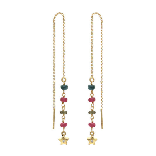 Multi tourmaline minimal threader earrings with star symbol in gold plated 925 sterling silver