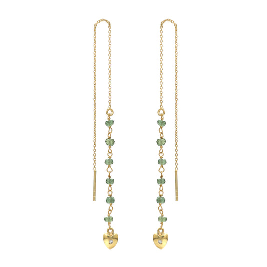 Minimal gold plated threader earrings in 925 sterling silver with apatite gemstone and heart charm