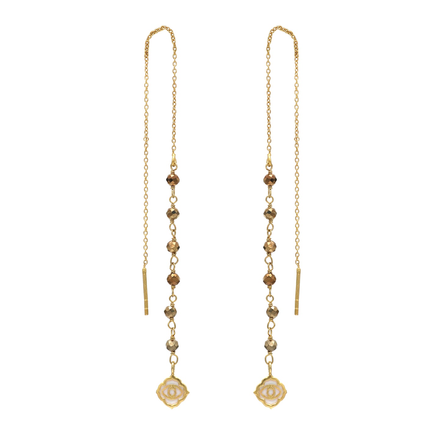 Evil eye and pyrite gemstone threader earrings in gold plated 925 sterling silver