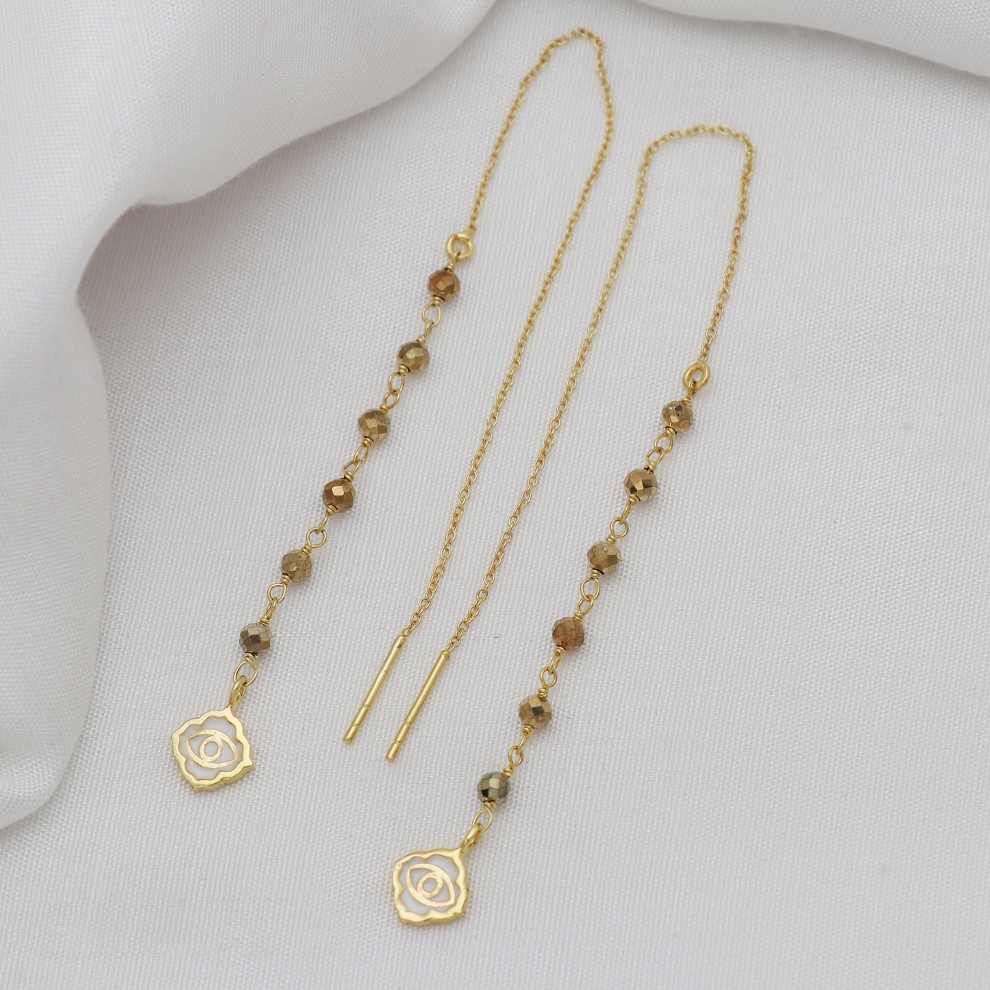 Evil eye and pyrite gemstone threader earrings in gold plated 925 sterling silver