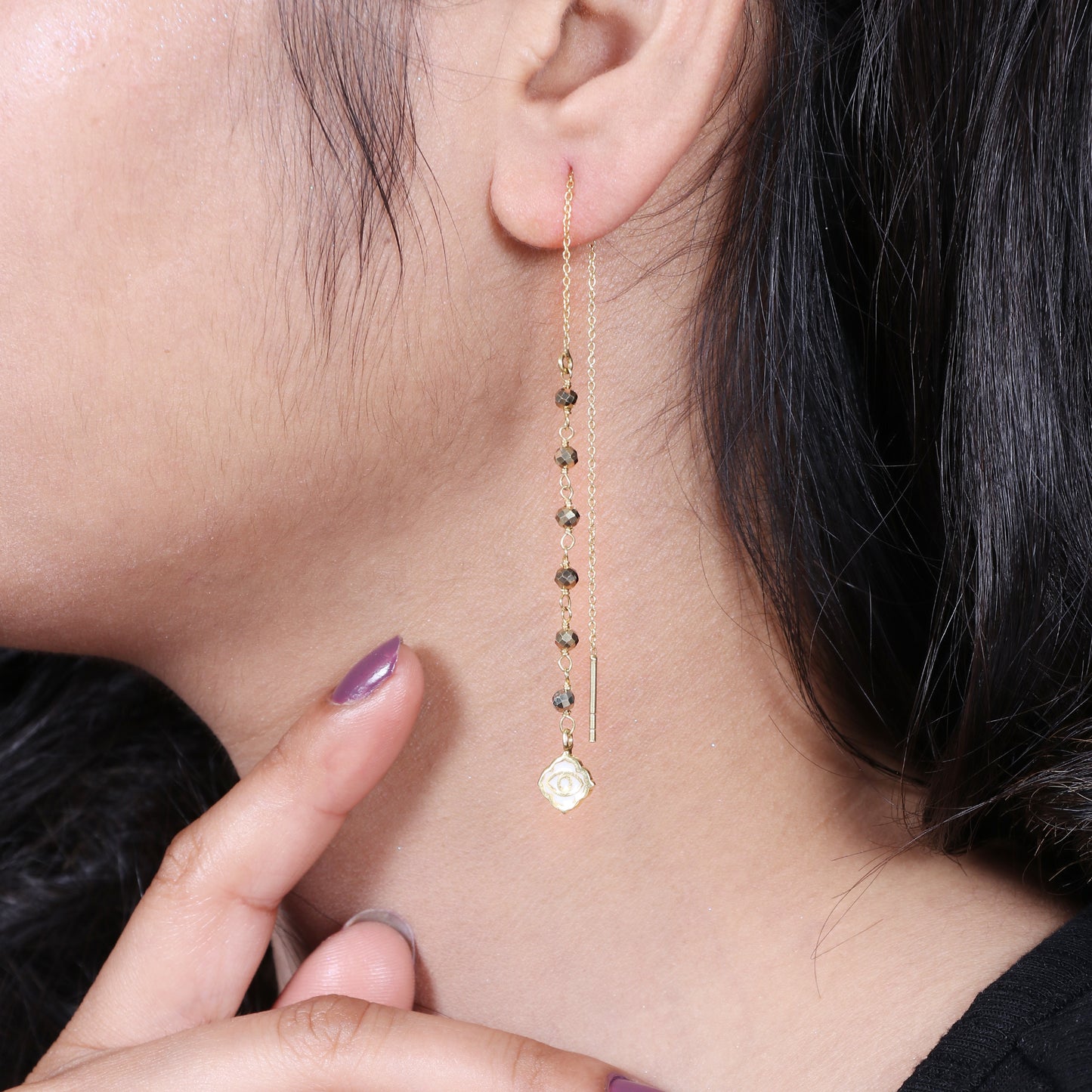 Evil eye and pyrite gemstone threader earrings in gold plated 925 sterling silver