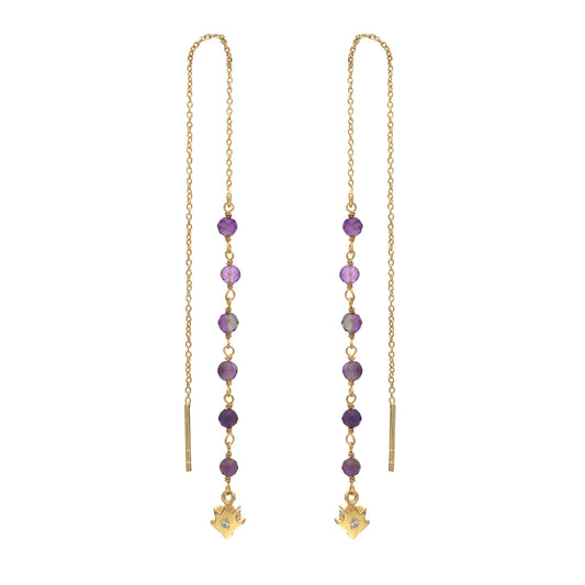 Amethyst and lotus threader earrings in gold plated 925 sterling silver