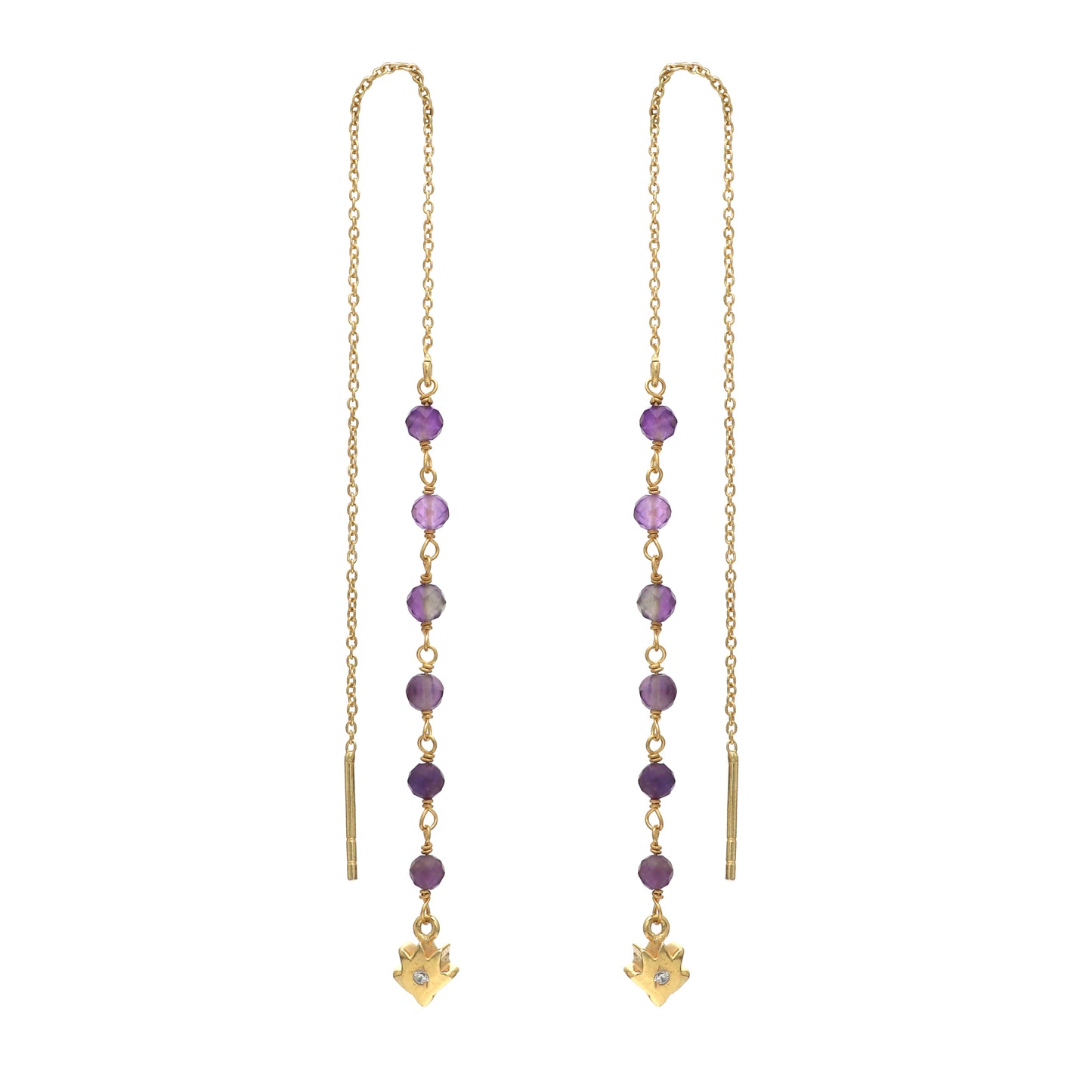 Amethyst and lotus threader earrings in gold plated 925 sterling silver