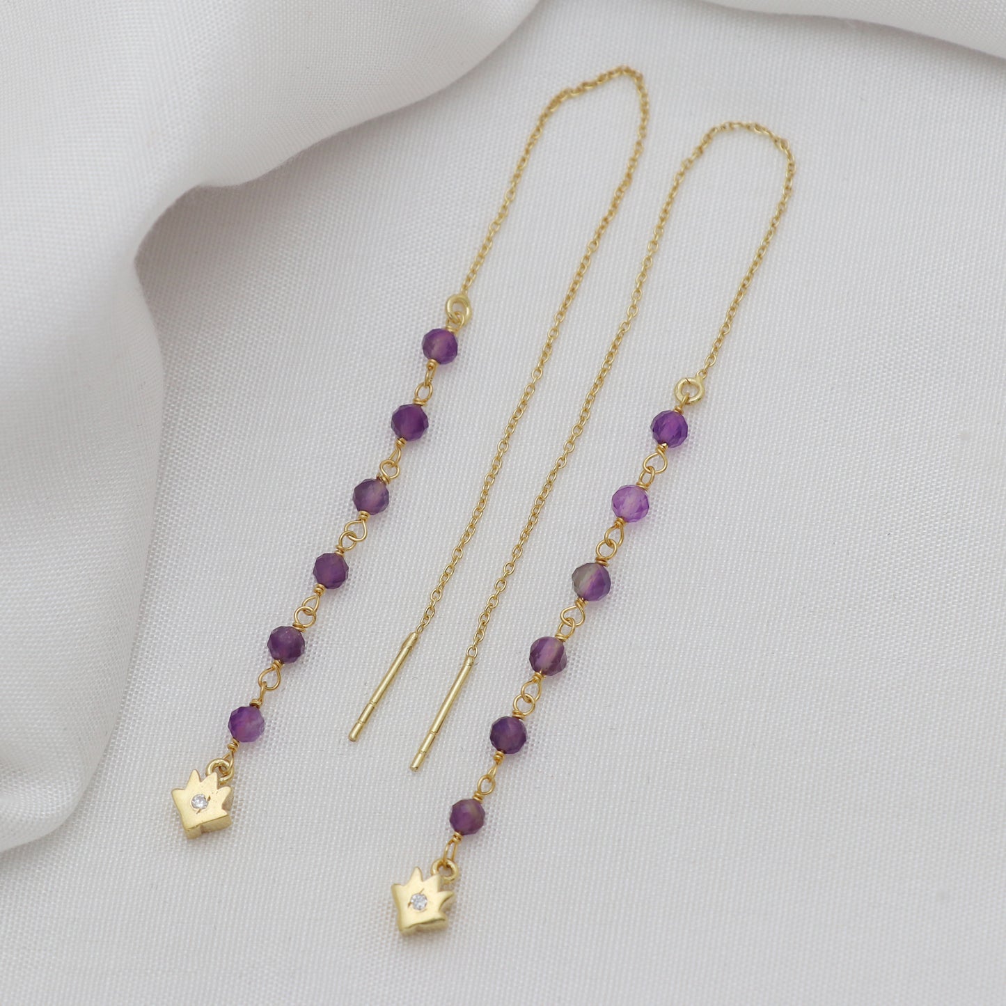 Amethyst and lotus threader earrings in gold plated 925 sterling silver