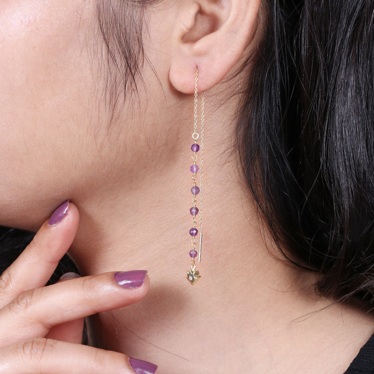 Amethyst and lotus threader earrings in gold plated 925 sterling silver