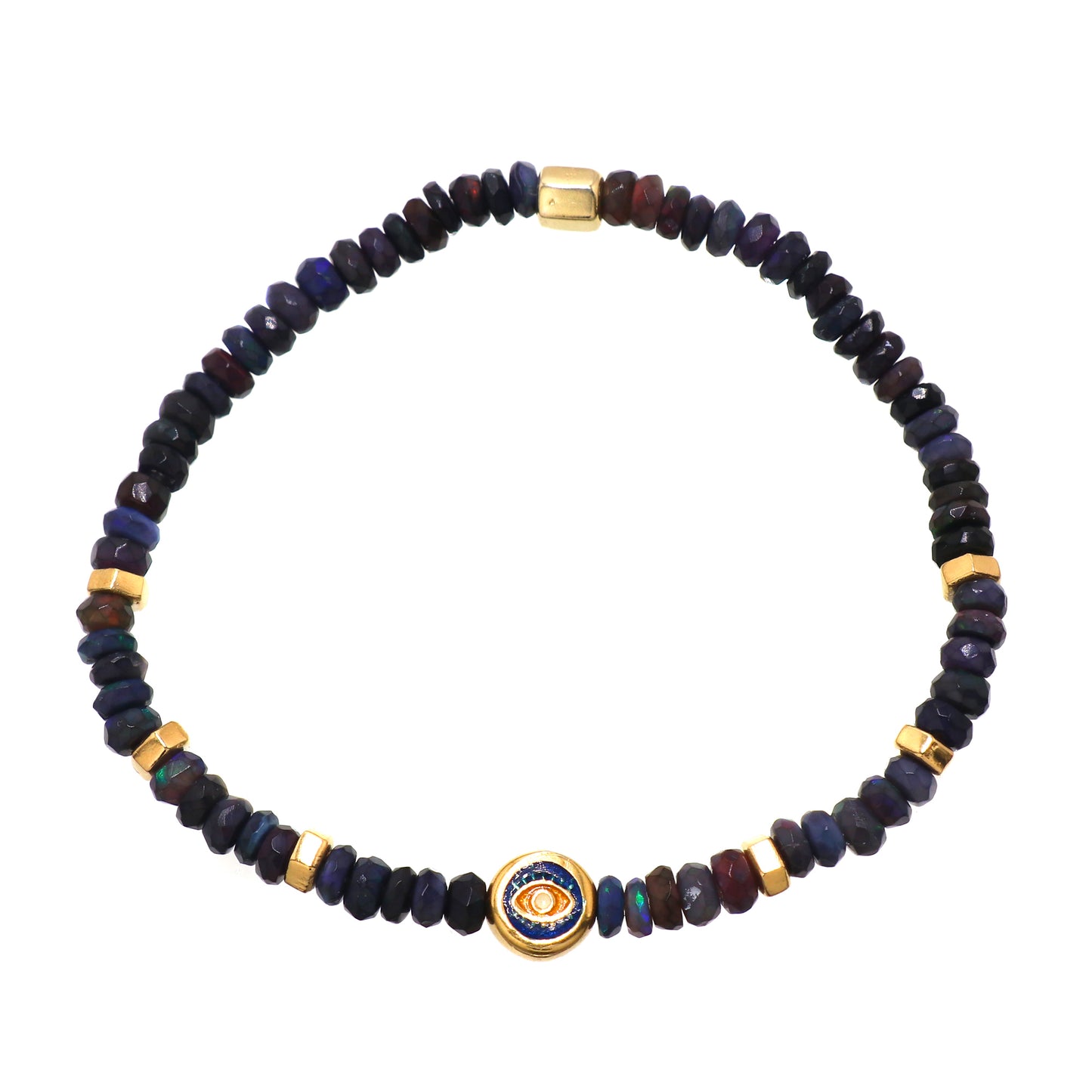 Blue Opal evil eye charm stretch bracelet with blue, yellow and white enamel in gold plated 925 sterling silver