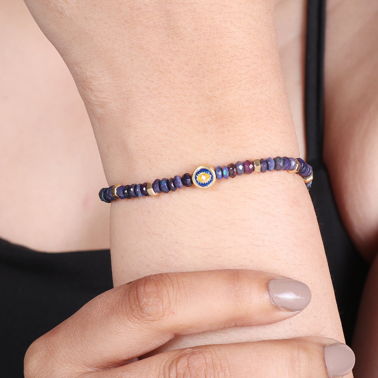 Blue Opal evil eye charm stretch bracelet with blue, yellow and white enamel in gold plated 925 sterling silver