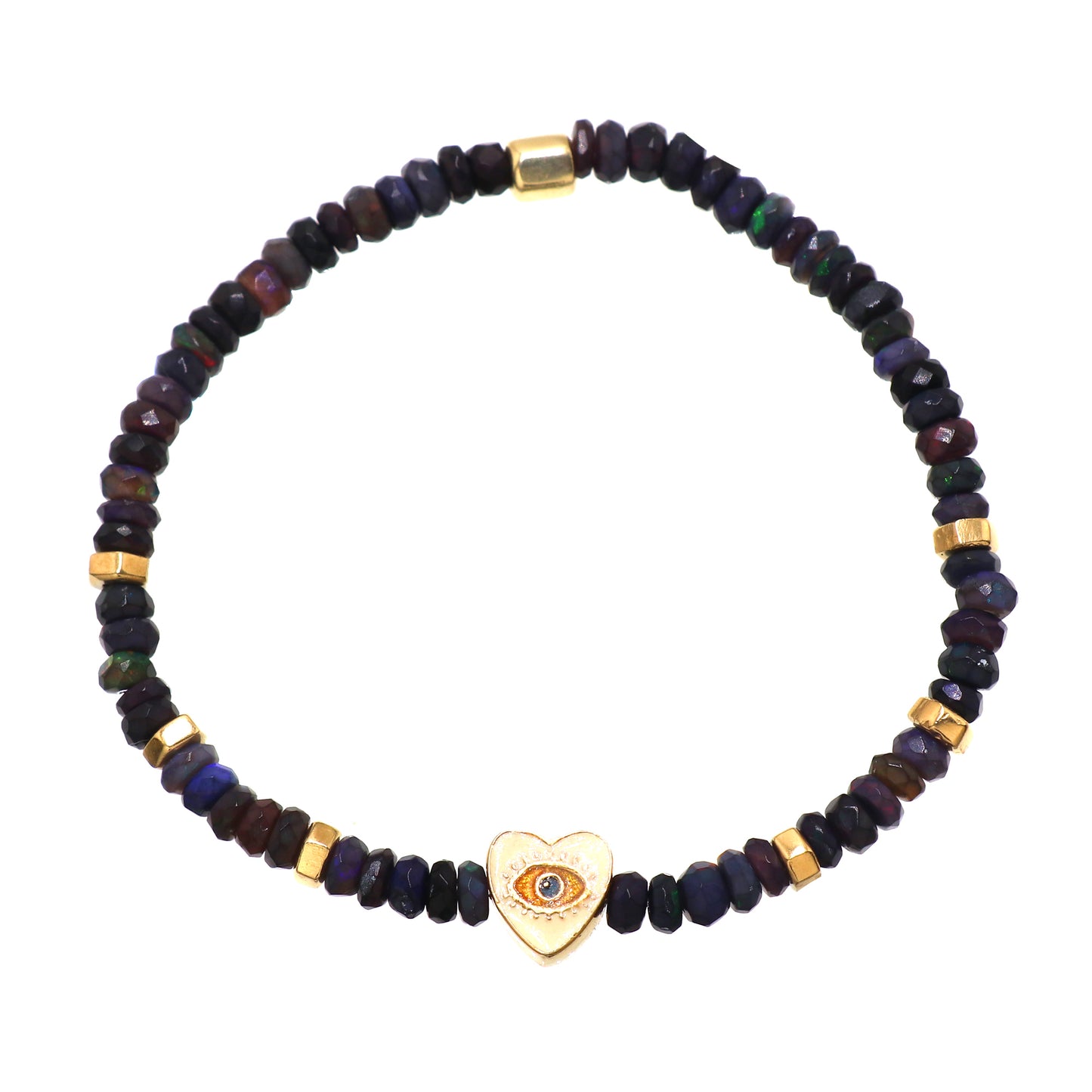 Blue Opal Heart And Evil Eye charm stretch bracelet with blue, yellow and white enamel in gold plated 925 sterling silver