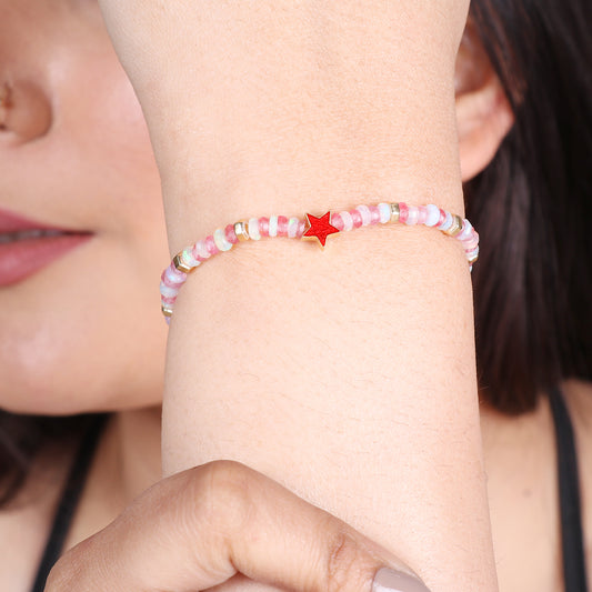 Pink Quartz White Opal Star charm stretch bracelet with red enamel in gold plated 925 sterling silver
