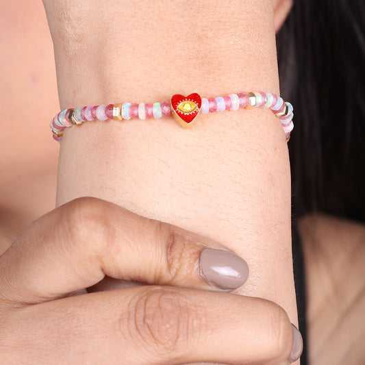 Pink Quartz White Opal Heart And Evil Eye charm stretch bracelet with red and yellow enamel in gold plated 925 sterling silver